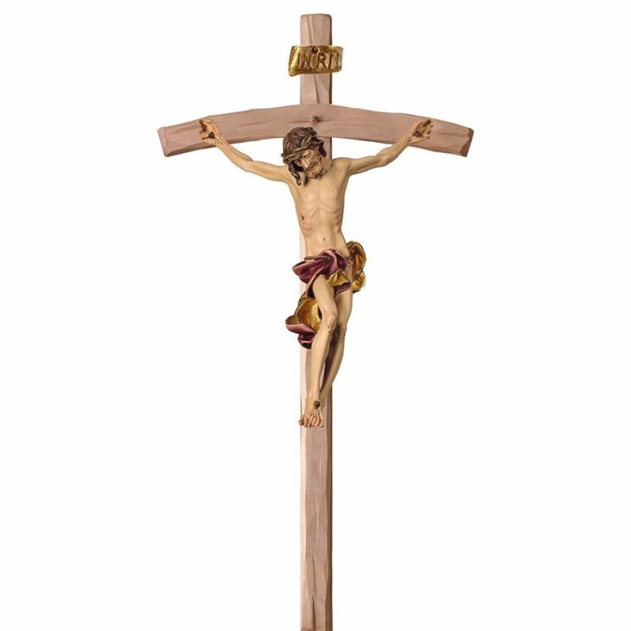 ULPE Crocifisso Nazareno Barocco Romanico Crocifisso Barocco Rosso Su Croce Curva Cm 146X73 (57,5X28,7 Inch) Scultura Da Parete Dipinta Ad Olio In Legno Val Gardena Saints Statues