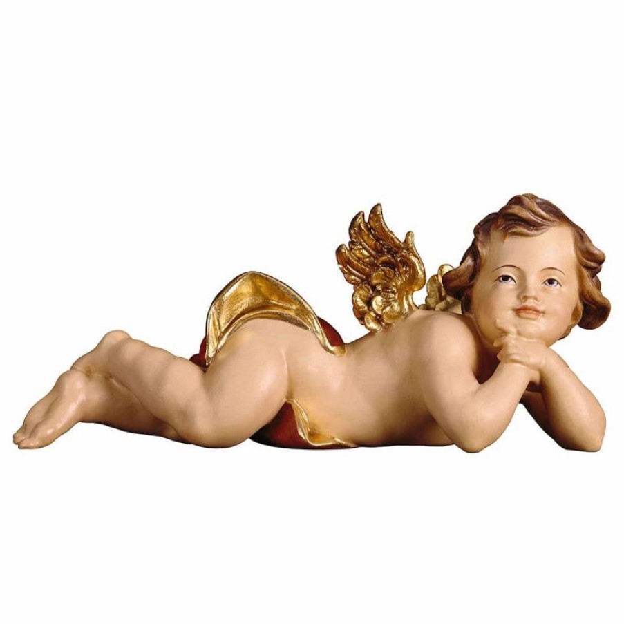 ULPE Addobbi Natalizi in legno Putto Angelo Cherubino Sdraiato Sinistro Cm 30 (11,8 Inch) Scultura In Legno Val Gardena Dipinta Ad Olio Baptism