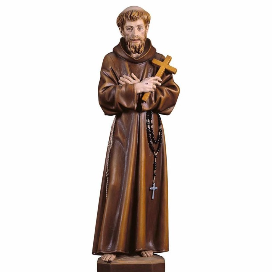 ULPE Sculture Sacre in legno Val Gardena Statua San Francesco D´Assisi Con Croce Cm 35 (13,8 Inch) Dipinta Ad Olio In Legno Val Gardena Cross Pendant