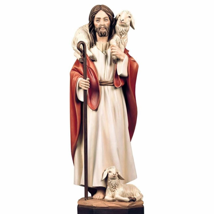 ULPE Sculture Sacre in legno Val Gardena Gesu Cristo Il Buon Pastore Cm 70 (27,6 Inch) Statua Dipinta Ad Olio In Legno Val Gardena Religious & Catholic Medals