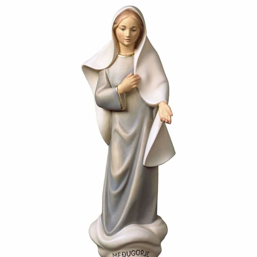 ULPE Sculture Sacre in legno Val Gardena Madonna Di Medjugorje Moderna Cm 35 (13,8 Inch) Statua Dipinta Ad Olio In Legno Val Gardena Religious & Catholic Necklaces