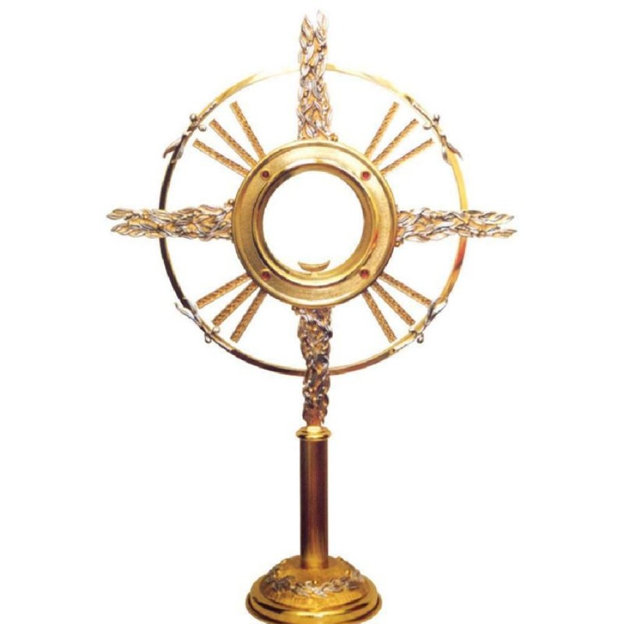 SEA Oggetti Liturgici in Oro e Argento Ostensorio Con Lunetta H. Cm 80 (31,5 Inch) Con Pietre Ulivi E Pietre In Ottone Bicolore Esposizione Ostia Consacrata Church Furniture