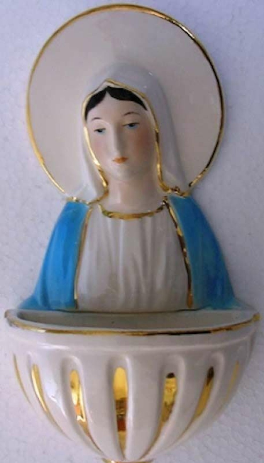 Maioliche Deruta Madonna Miracolosa Acquasantiera Cm 15 (5,9 In) Ceramica Invetriata Colorata Filo Oro Sacred & Religious Ceramics