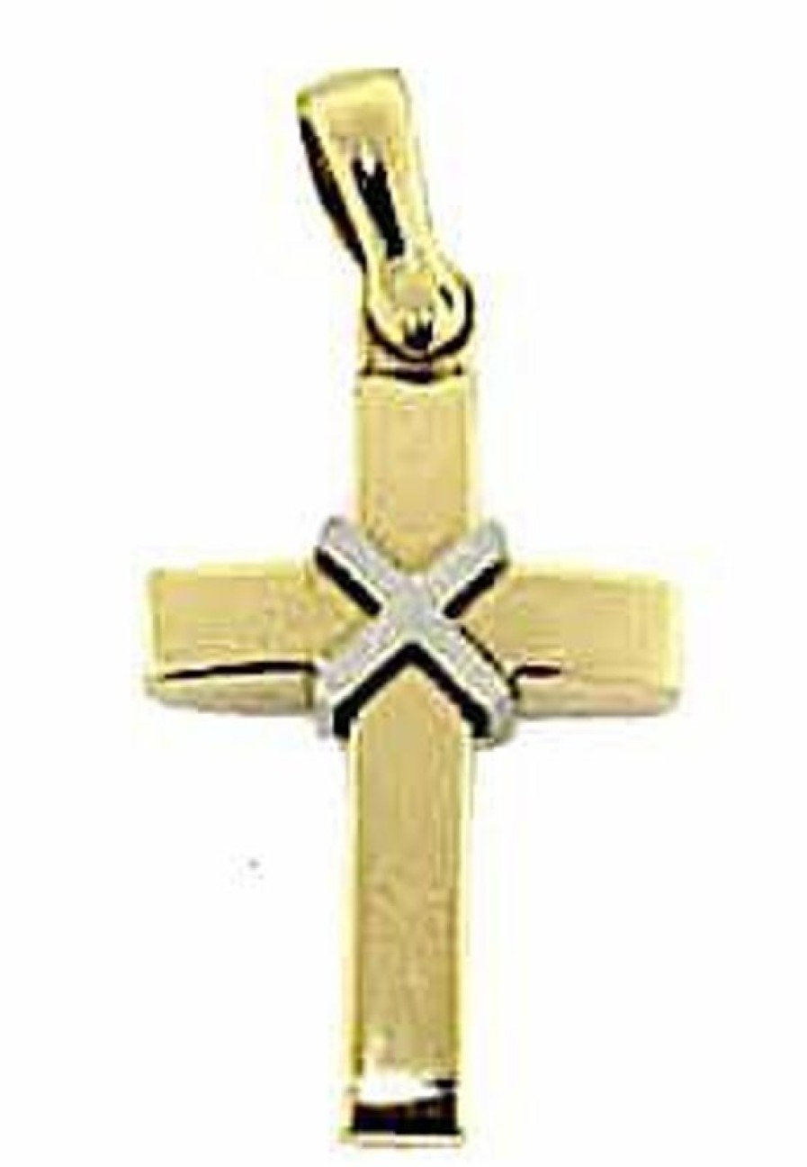 Vaticanum Gioielli in Oro Croce Doppia Con Nodo Ciondolo Pendente Gr 2,4 Bicolore Oro Massiccio Giallo Bianco 18Kt Uni Donna Uomo First Communion