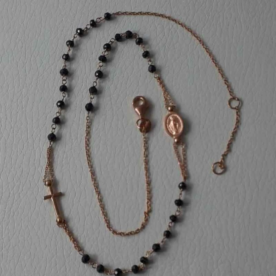 Vaticanum Gioielli in Oro Collana Girocollo Rosario Con Medaglia Madonna Miracolosa E Croce Catena Passante Gr 5,2 Oro Rosa 18Kt Con Onice Uni Donna Uomo First Communion