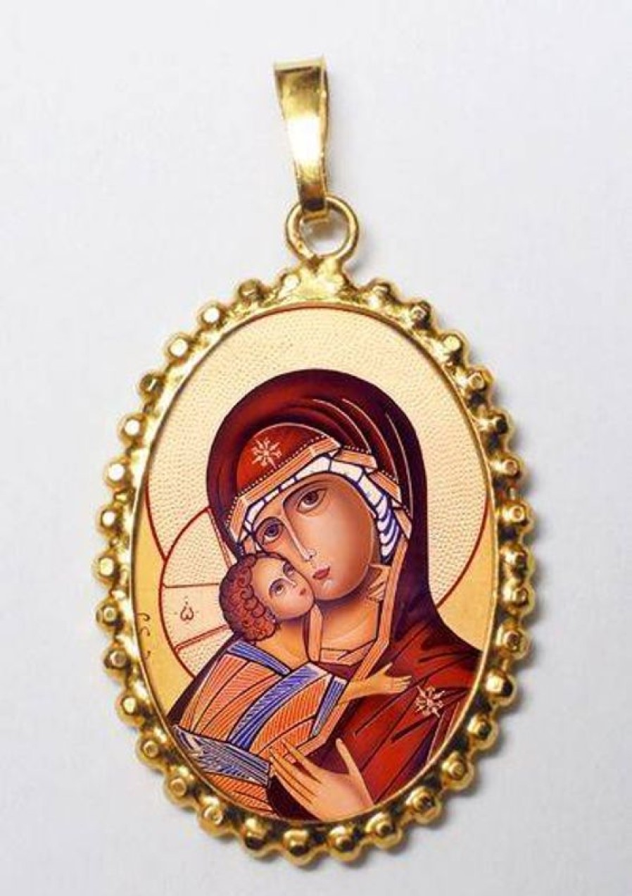 EB Arte Sacra La Vergine Di Vladimir Ciondolo Pendente Ovale A Corona Mm 24X30 (0,94X1,18 Inch) Argento Placcato Oro E Porcellana Da Donna Italian Rosaries & Made In Italy Jewelry