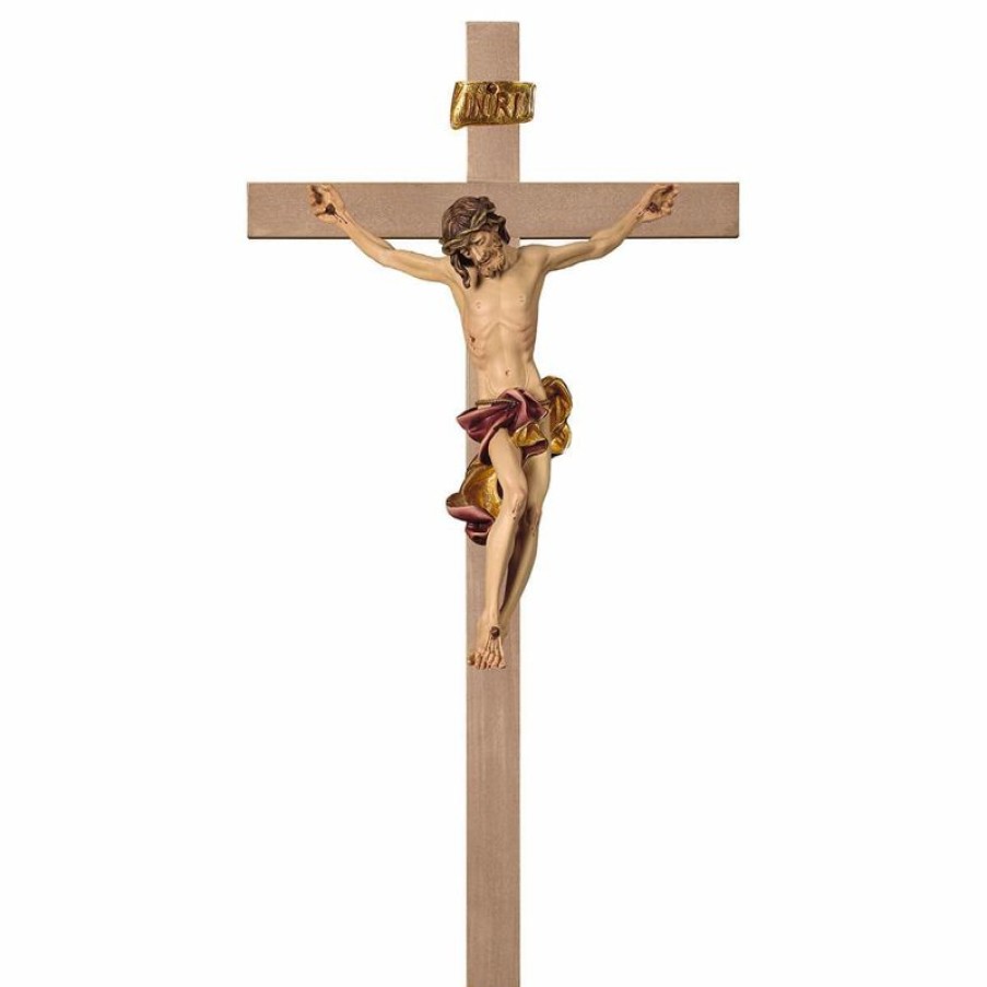 ULPE Crocifisso Nazareno Barocco Romanico Crocifisso Barocco Rosso Su Croce Liscia Cm 84X44 (33,1X17,3 Inch) Scultura Da Parete Dipinta Ad Olio In Legno Val Gardena Saints Statues