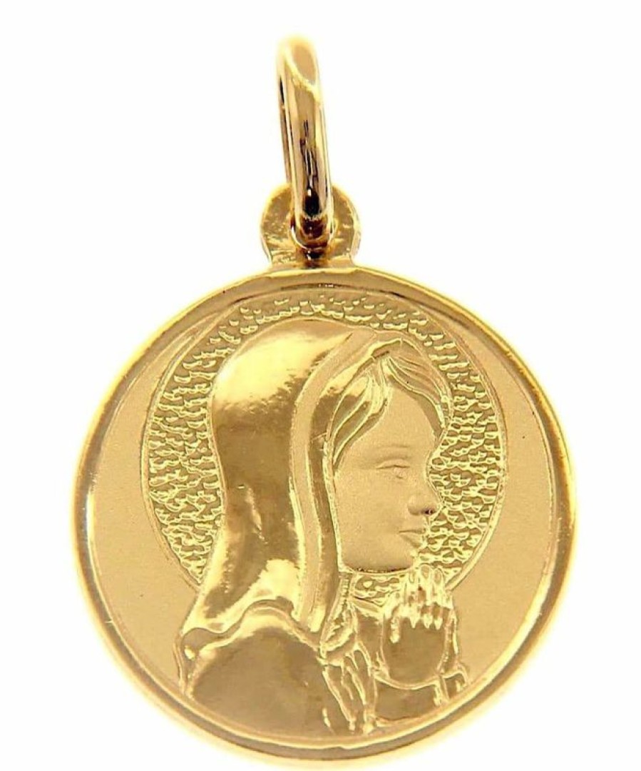 Vaticanum Gioielli in Oro Madonna In Preghiera Con Aureola Medaglia Sacra Pendente Tonda Gr 3,9 Oro Giallo 18Kt Da Donna Italian Rosaries & Made In Italy Jewelry