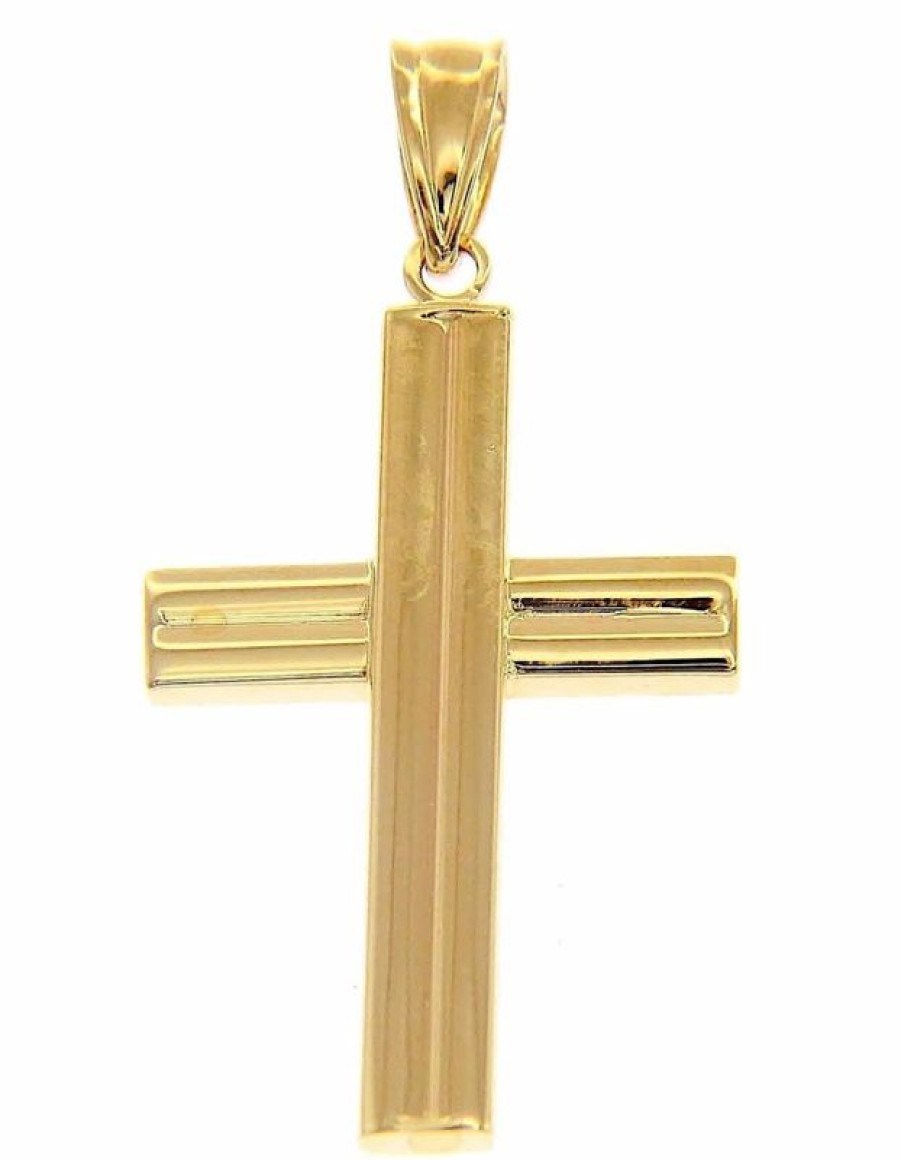 Vaticanum Gioielli in Oro Croce Dritta Rigata Ciondolo Pendente Gr 0,9 Oro Giallo 9Kt Uni Donna Uomo First Communion