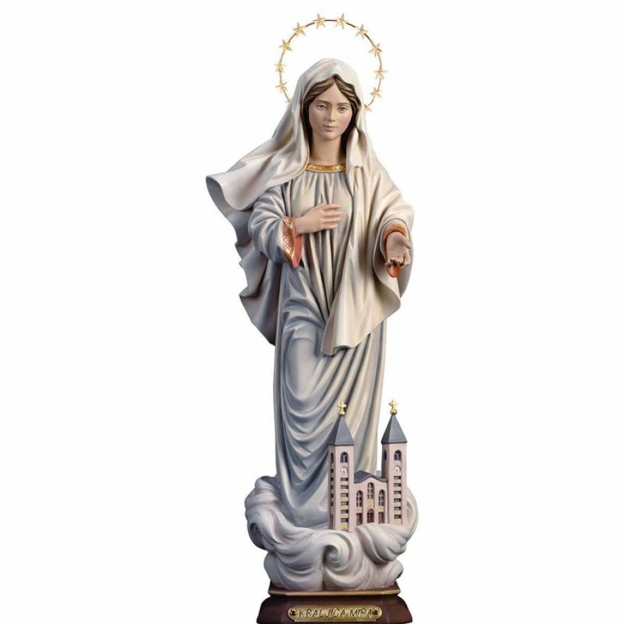 ULPE Sculture Sacre in legno Val Gardena Kraljice Mira Madonna Di Medjugorje Regina Della Pace Con Chiesa E Aureola Cm 35 (13,8 Inch) Statua Dipinta Ad Olio In Legno Val Gardena Religious & Catholic Necklaces