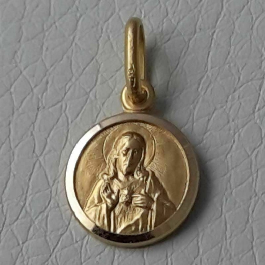 Vaticanum Gioielli in Oro Sacro Cuore Di Gesu Medaglia Sacra Pendente Tonda Conio Gr 1,4 Oro Giallo 18Kt Con Bordo Liscio Uni Donna Uomo Confirmation