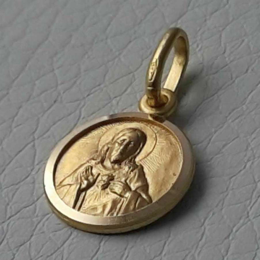 Vaticanum Gioielli in Oro Sacro Cuore Di Gesu Medaglia Sacra Pendente Tonda Conio Gr 1,4 Oro Giallo 18Kt Con Bordo Liscio Uni Donna Uomo Confirmation