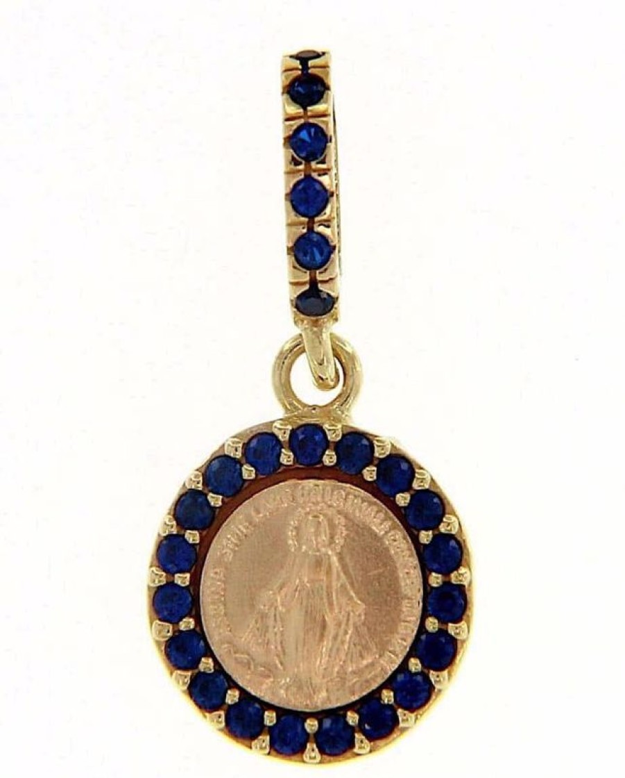 Vaticanum Gioielli in Oro Madonna Miracolosa Con Corona E Punti Luce Medaglia Sacra Pendente Tonda Conio Gr 1,4 Oro Giallo 18Kt Con Zirconi Blu E Madreperla Da Donna Baptism