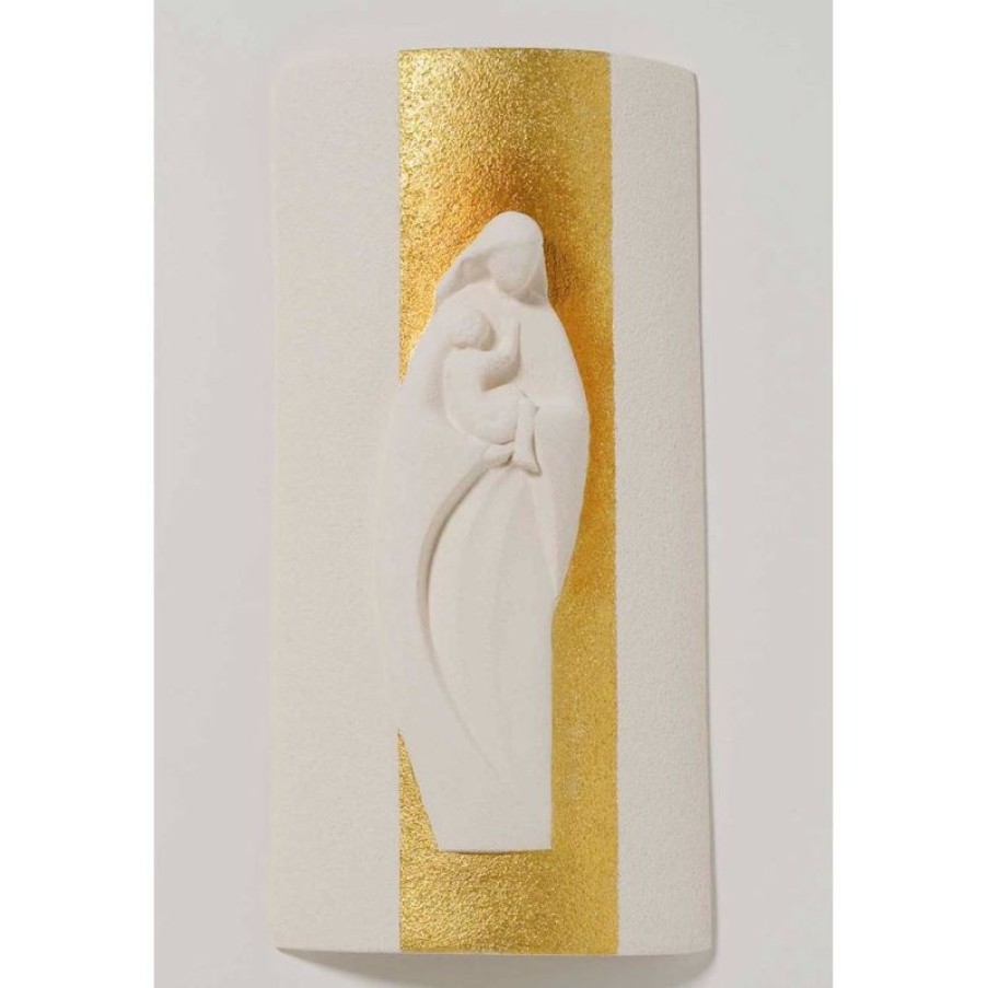 Centro Ave Loppiano Madonna Con Bambino Stele Maria Gold Cm 29,5 (11,6 Inch) Scultura In Argilla Refrattaria Bianca Ceramica Centro Ave Loppiano Sacred & Religious Ceramics