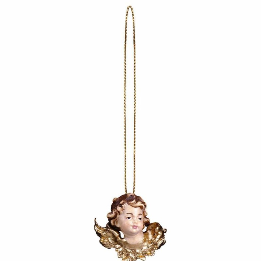 ULPE Addobbi Natalizi in legno Testina D´Angelo Senza Rosa Sinistra Con Filo D\\\\\\\\'Oro Cm 3 (1,2 Inch) Decorazione Albero Natale Dipinta Ad Olio In Legno Val Gardena Baptism