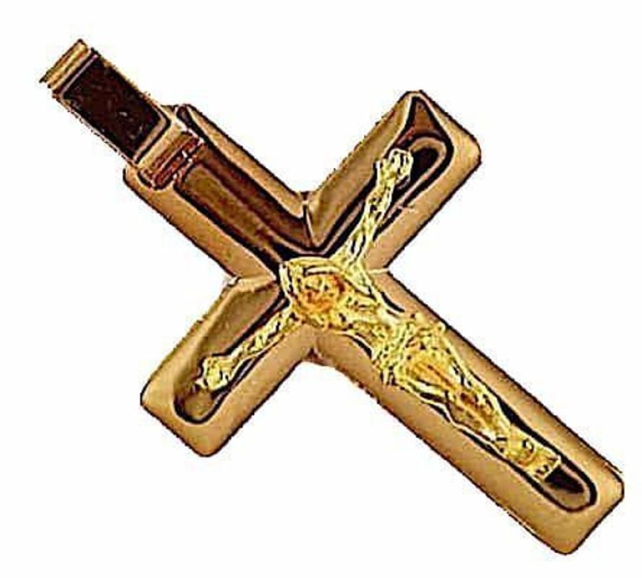 Vaticanum Gioielli in Oro Croce Dritta Con Corpo Di Cristo Media Ciondolo Pendente Gr 7,1 Oro Giallo Massiccio 18Kt Da Uomo First Communion