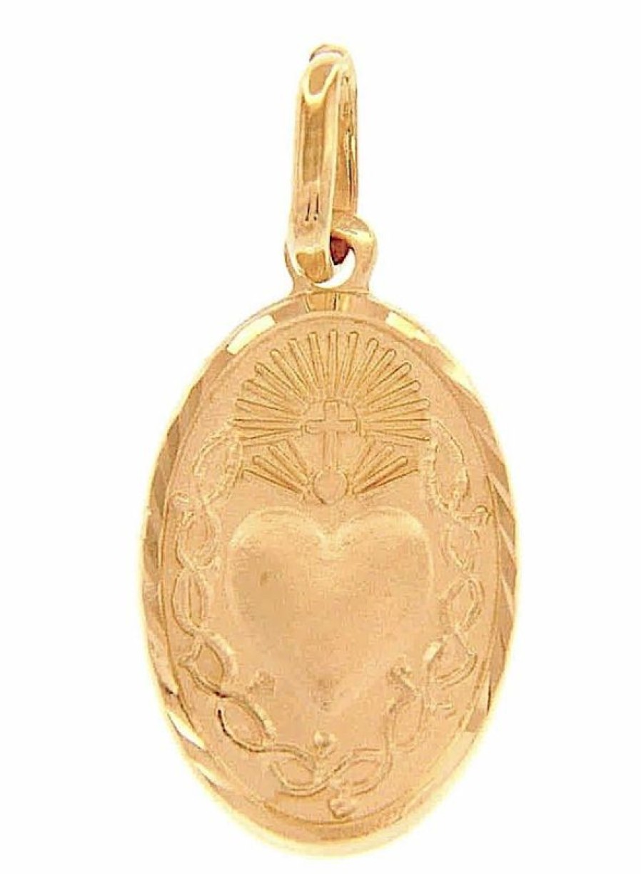 Vaticanum Gioielli in Oro Sacro Cuore Di Gesu E Corona Di Spine Bordo Lavorato Ciondolo Pendente Ovale Moda Gr 1,8 Oro Giallo 18Kt Uni Donna Uomo Baptism