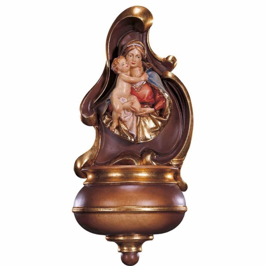 ULPE Addobbi Natalizi in legno Acquasantiera Con Busto Di Madonna In Bassorilievo Cm 26 (10,2 Inch) Scultura Da Parete Dipinta Ad Olio In Legno Val Gardena Sacred & Religious Ceramics