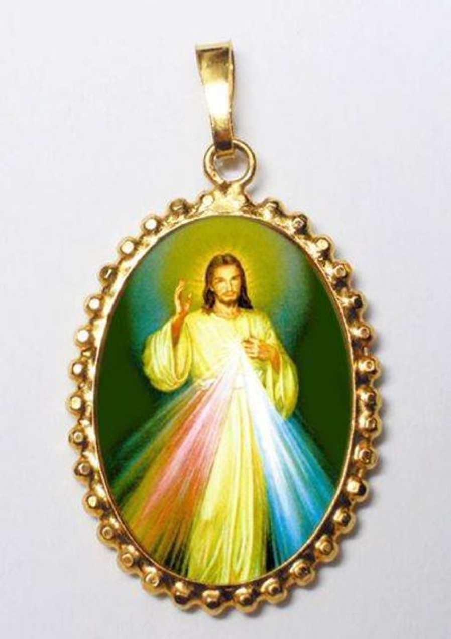 EB Arte Sacra Gesu Misericordioso Ciondolo Pendente Ovale A Corona Mm 24X30 (0,94X1,18 Inch) Argento Placcato Oro E Porcellana Da Donna Baptism