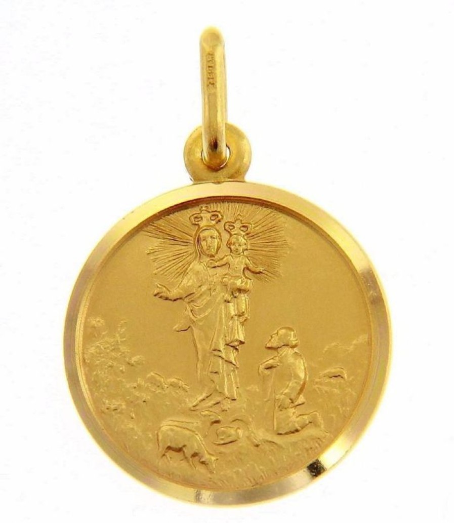 Vaticanum Gioielli in Oro Madonna Della Guardia Con Bambino E Corona Medaglia Sacra Pendente Tonda Conio Gr 3 Oro Giallo 18Kt Con Bordo Liscio Da Donna Confirmation