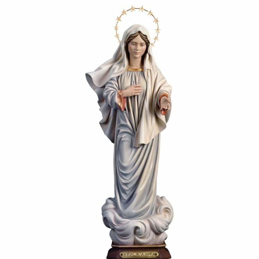 ULPE Sculture Sacre in legno Val Gardena Kraljice Mira Madonna Di Medjugorje Regina Della Pace Con Aureola Cm 23 (9,1 Inch) Statua Dipinta Ad Olio In Legno Val Gardena Religious & Catholic Necklaces