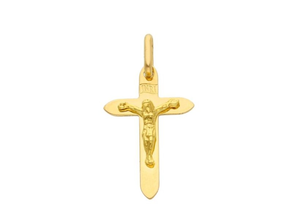 Vaticanum Gioielli in Oro Croce Stondata Con Corpo Di Cristo Inri Ciondolo Pendente Gr 1,7 Oro Giallo Massiccio 18Kt Uni Donna Uomo Confirmation