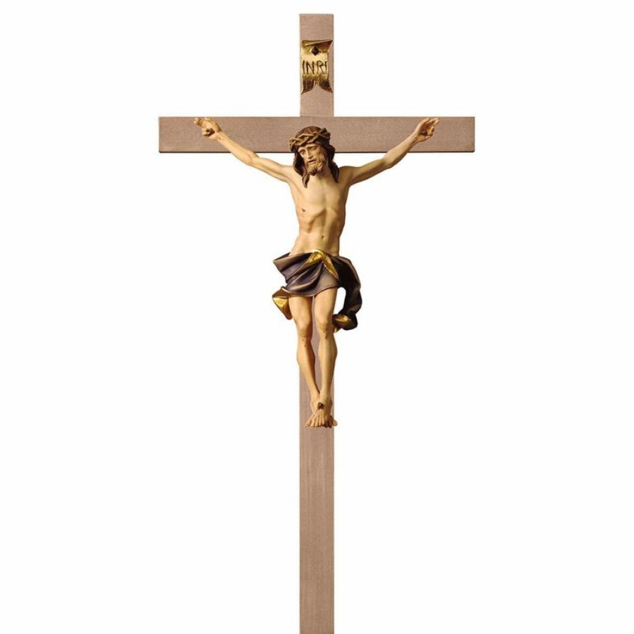 ULPE Crocifisso Nazareno Barocco Romanico Crocifisso Nazareno Blu Su Croce Liscia Cm 84X44 (33,1X17,3 Inch) Scultura Da Parete Dipinta Ad Olio In Legno Val Gardena Jesus Statues