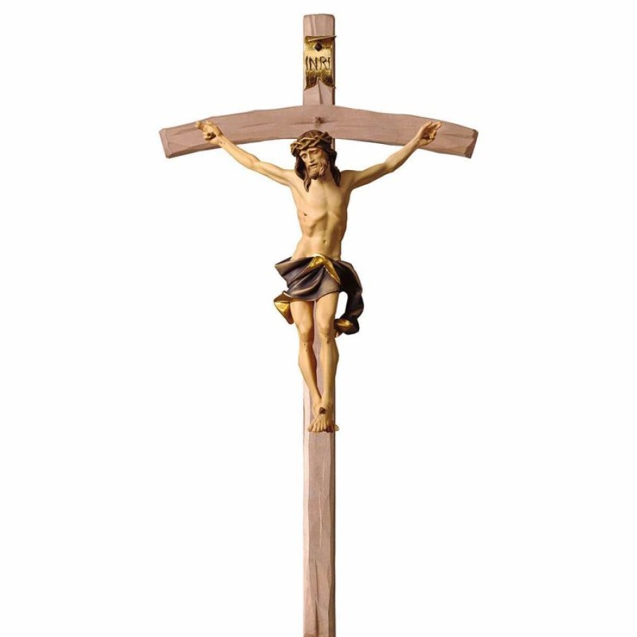 ULPE Crocifisso Nazareno Barocco Romanico Crocifisso Nazareno Blu Su Croce Curva Cm 220X110 (86,6X43,3 Inch) Scultura Da Parete Dipinta Ad Olio In Legno Val Gardena Jesus Statues