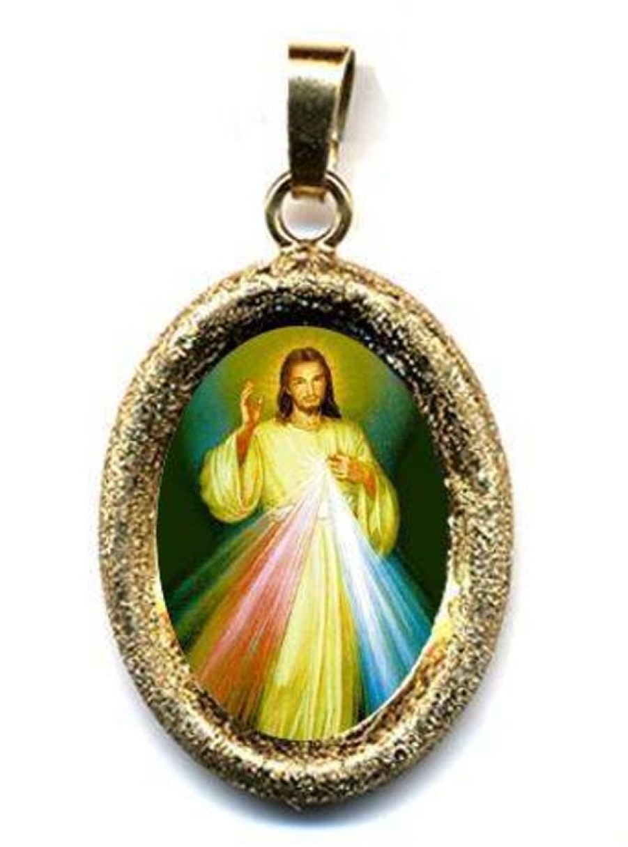 EB Arte Sacra Gesu Misericordioso Ciondolo Pendente Ovale Diamantato Mm 19X24 (0,75X0,95 Inch) Argento Placcato Oro E Porcellana Uni Uomo Donna Baptism