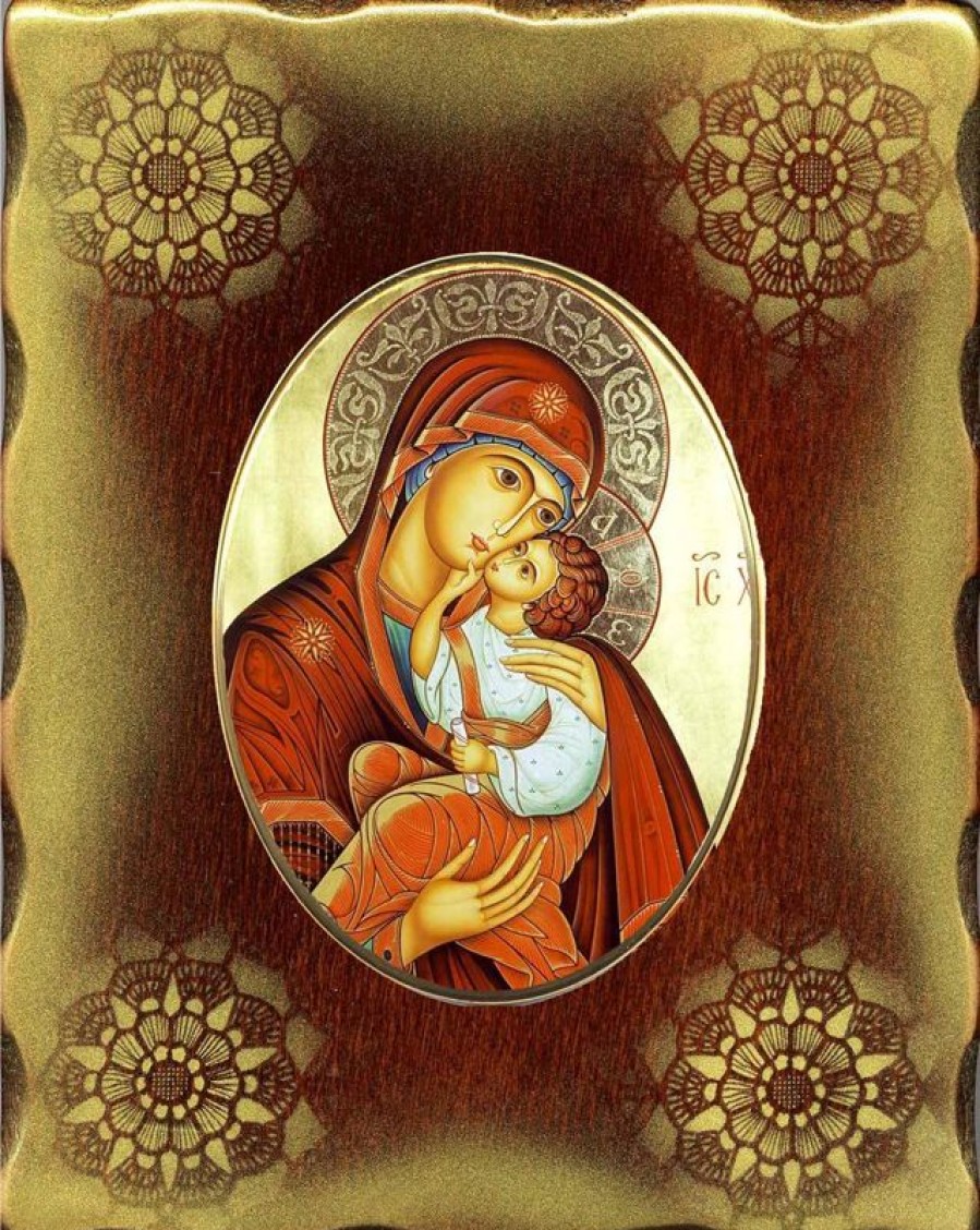 EB Arte Sacra Madonna Con Bambino Icona In Porcellana Su Tavola Dorata Cm 15X20X2,5 (5,9X7,9X1,0 Inch) Da Muro E Da Tavolo Collectible Nativity Sets & 38 Sizes