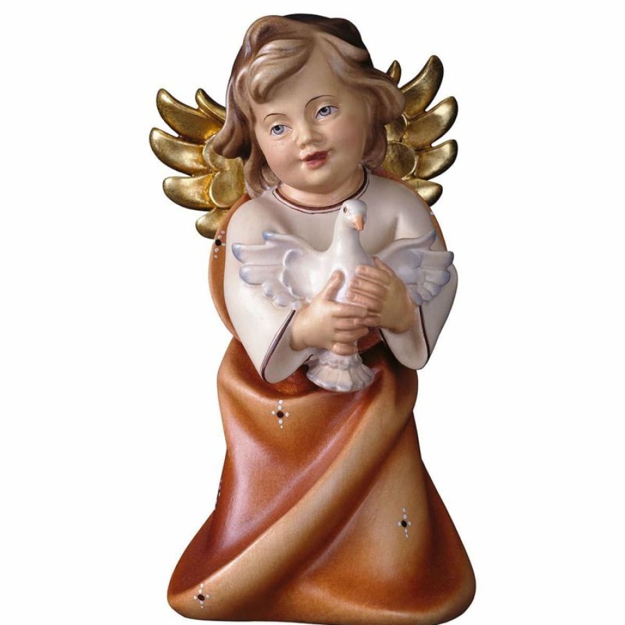 ULPE Addobbi Natalizi in legno Angelo Custode Con Colomba Cm 11 (4,3 Inch) Scultura In Legno Val Gardena Dipinta Ad Olio First Communion