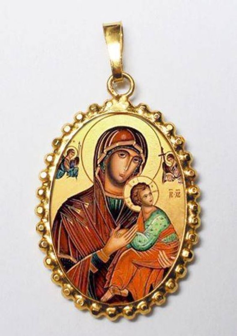 EB Arte Sacra Madonna Del Perpetuo Soccorso Ciondolo Pendente Ovale A Corona Mm 24X30 (0,94X1,18 Inch) Argento Placcato Oro E Porcellana Da Donna Italian Rosaries & Made In Italy Jewelry