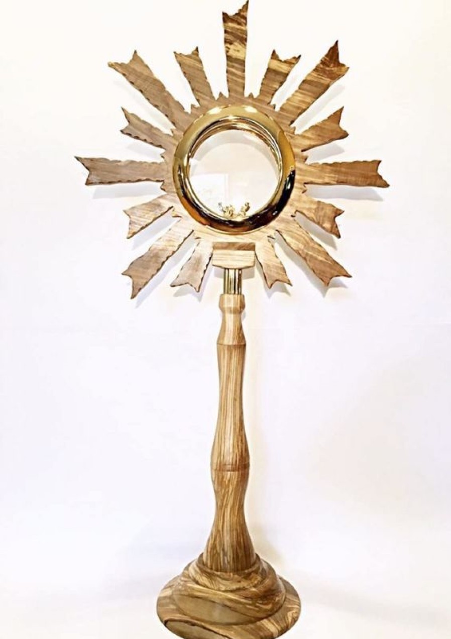 Arredi Sacri in Legno d'Ulivo Ostensorio Ostia Magna Con Lunetta H. Cm 75 (29,5 Inch) Raggi Di Luce In Legno Di Ulivo Di Assisi Church Furniture