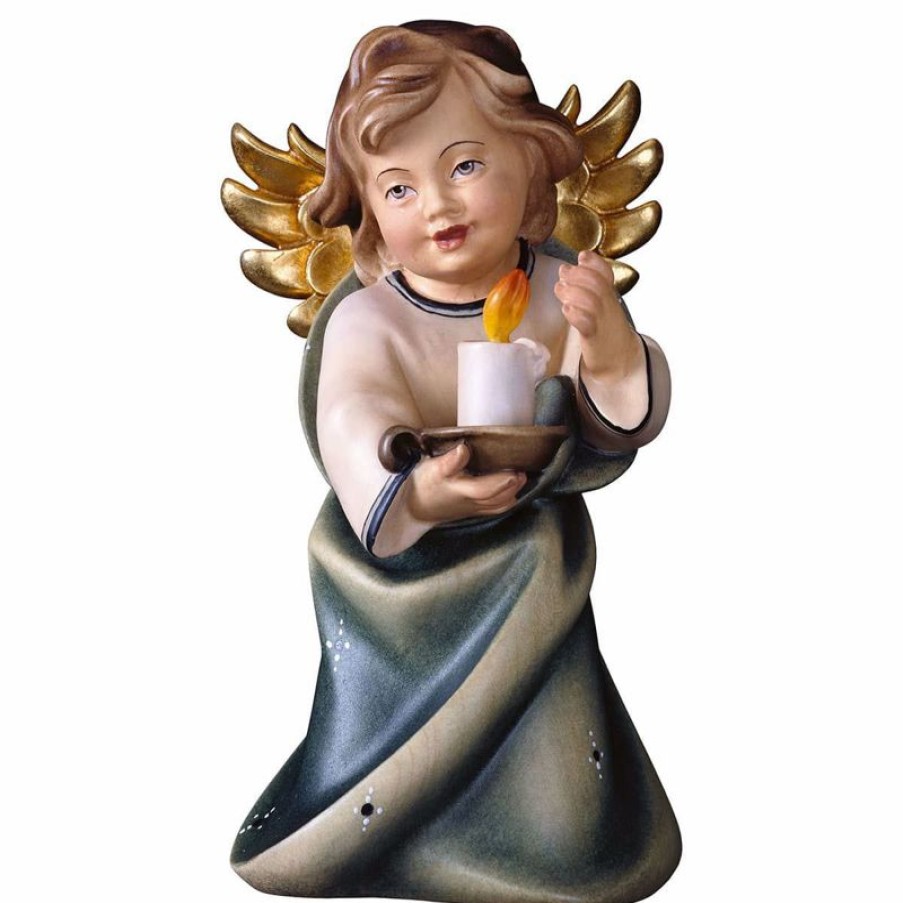 ULPE Addobbi Natalizi in legno Angelo Custode Con Candela Cm 7,5 (3,0 Inch) Scultura In Legno Val Gardena Dipinta Ad Olio Ex Voto