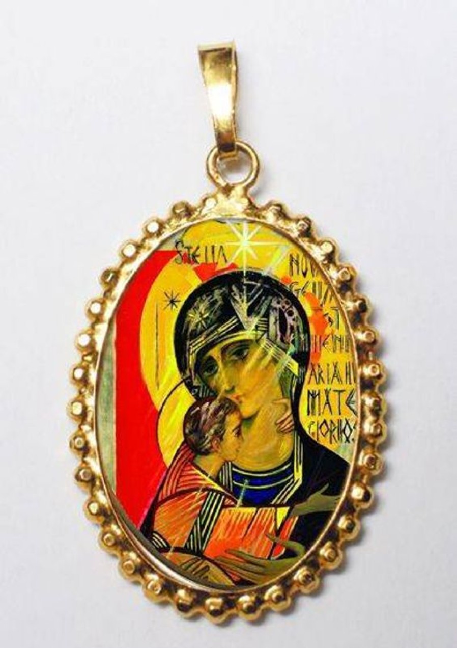 EB Arte Sacra Madonna Con Bambino Ciondolo Pendente Ovale A Corona Mm 24X30 (0,94X1,18 Inch) Argento Placcato Oro E Porcellana Da Donna Italian Rosaries & Made In Italy Jewelry