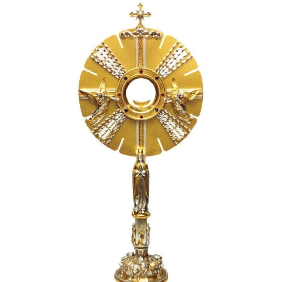 SEA Oggetti Liturgici in Oro e Argento Ostensorio Con Lunetta H. Cm 70 (27,6 Inch) Angeli In Ottone Bicolore Esposizione Ostia Consacrata Church Furniture