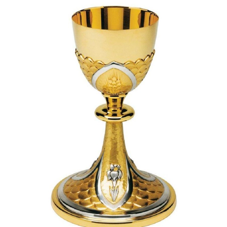 SEA Oggetti Liturgici in Oro e Argento Calice Liturgico H. Cm 20 (7,9 Inch) Gigli Sbalzati In Ottone Bicolore Da Altare Messa Sacred Altar Vessels