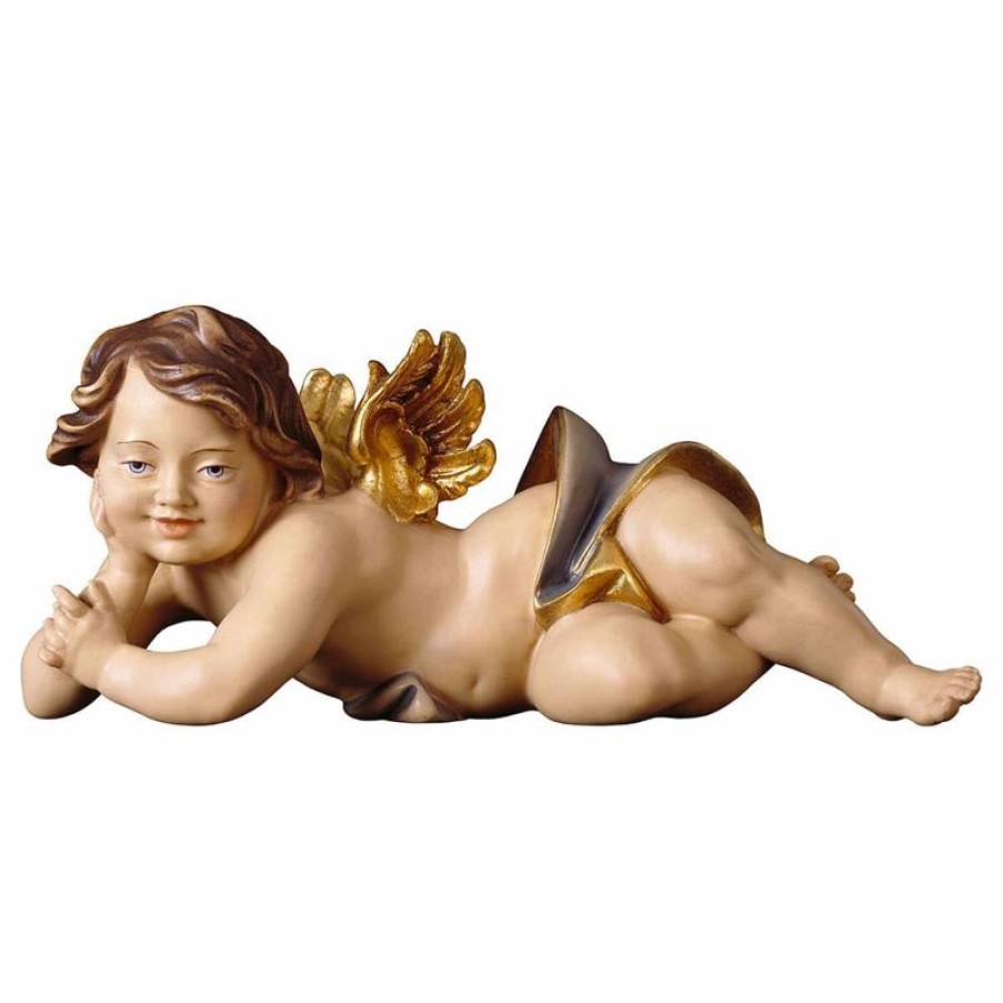 ULPE Addobbi Natalizi in legno Putto Angelo Cherubino Sdraiato Destro Cm 60 (23,6 Inch) Scultura In Legno Val Gardena Dipinta Ad Olio Baptism