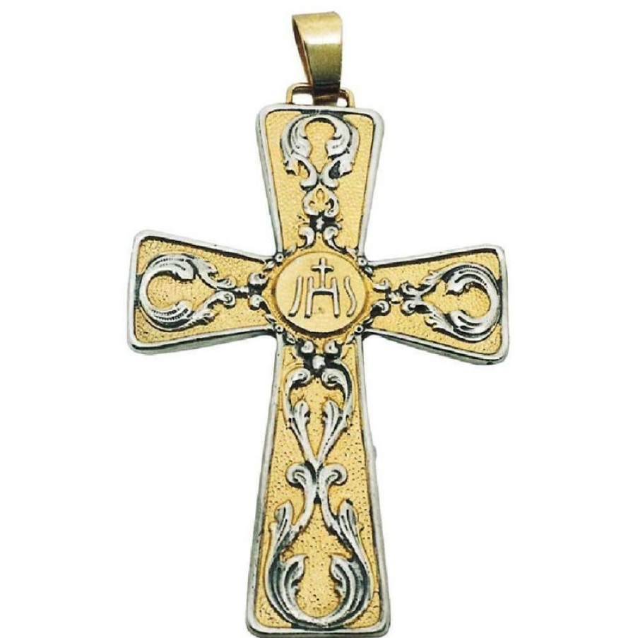 SEA Oggetti Liturgici in Oro e Argento Croce Pettorale Episcopale Cm 7X10 (2,8X3,9 Inch) Simbolo Ihs In Ottone Bicolore Croce Vescovile Bishops Items & Accessories