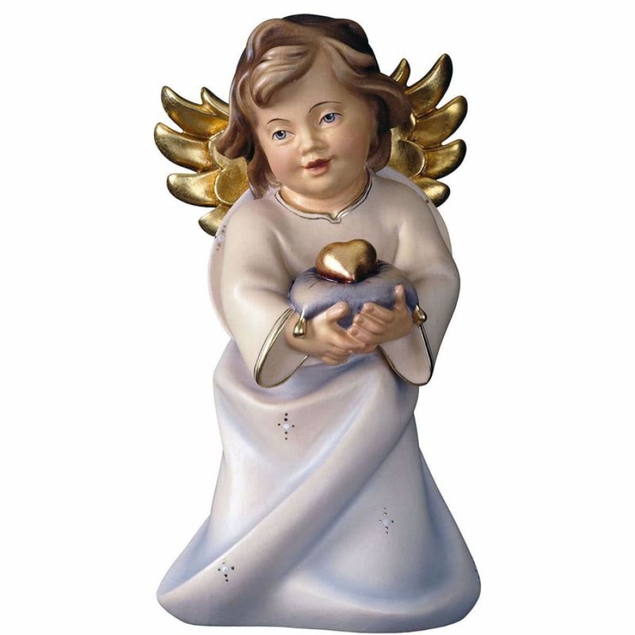 ULPE Addobbi Natalizi in legno Angelo Custode Con Cuore Cm 7,5 (3,0 Inch) Scultura In Legno Val Gardena Dipinta Ad Olio Ex Voto