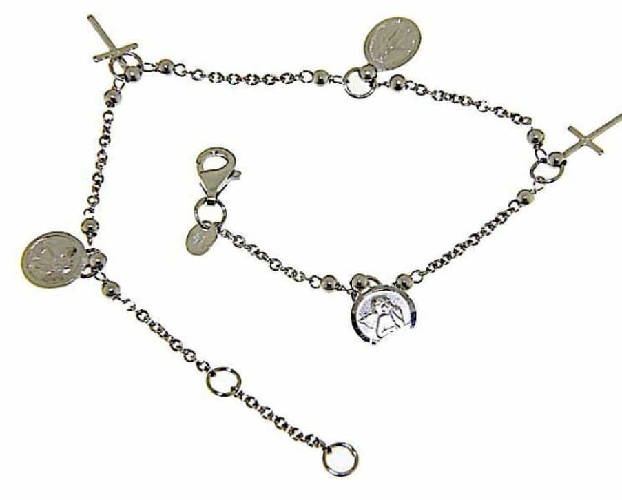 Vaticanum Gioielli in Oro Bracciale Rosario Con 3 Medaglie E 2 Croci Gr 4,7 Oro Bianco 18Kt Con Sfere Lisce Donna Bimba Bimbo Baptism