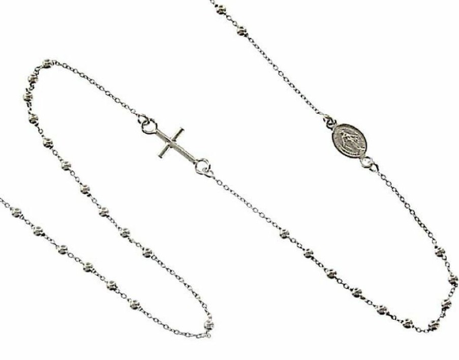 Vaticanum Gioielli in Oro Collana Girocollo Rosario Con Medaglia Madonna Miracolosa E Croce Gr 2,0 Oro Bianco 18Kt Con Sfere Lisce Uni Donna Uomo Baptism