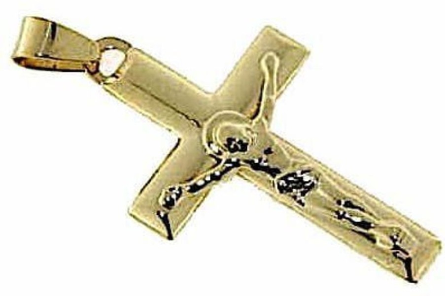 Vaticanum Gioielli in Oro Croce Moderna Dritta Con Corpo Di Cristo Ciondolo Pendente Gr 2,4 Oro Giallo 18Kt A Canna Vuota Uni Donna Uomo Confirmation