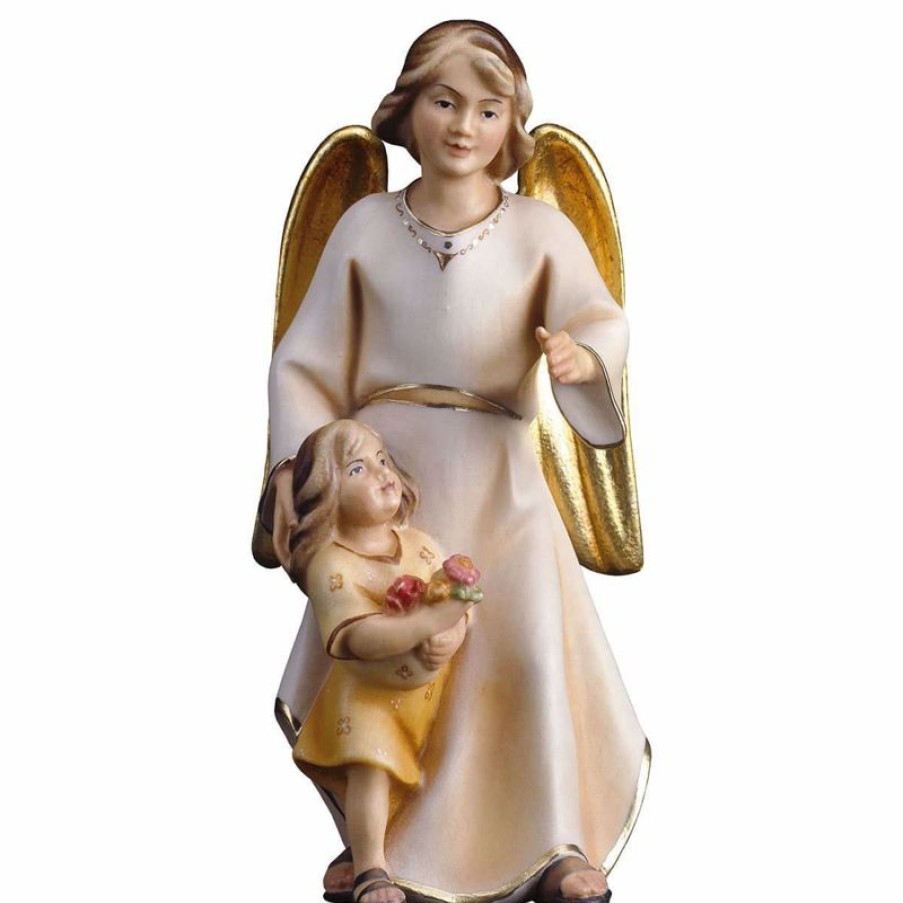 ULPE Addobbi Natalizi in legno Angelo Custode Moderno Con Bambina Cm 12 (4,7 Inch) Scultura In Legno Val Gardena Dipinta Ad Olio Holy Cards & Prayer Cards