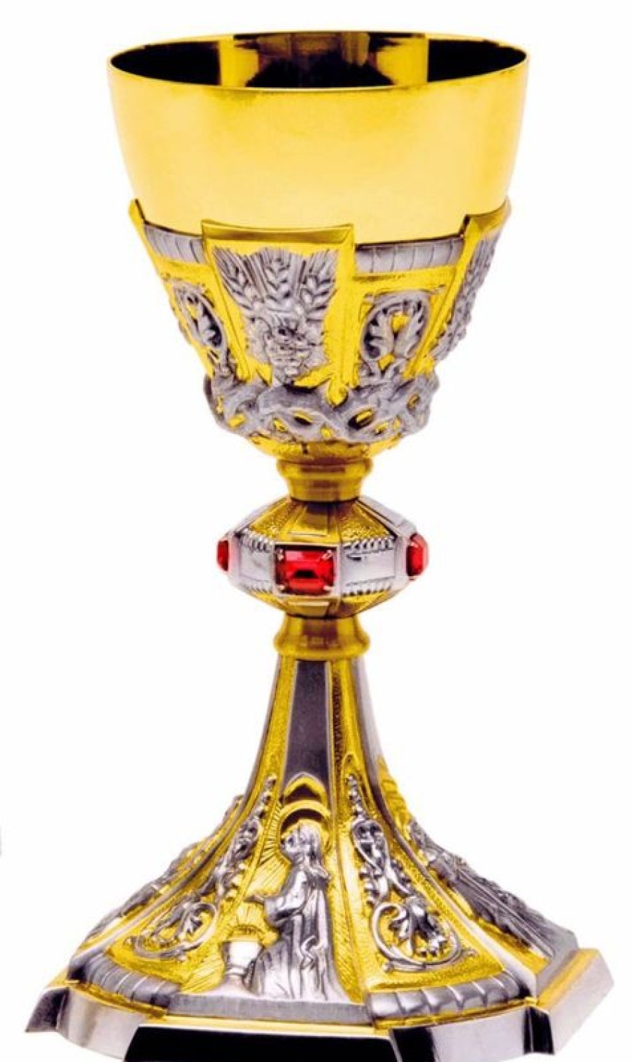 MAS Arredi sacri in Oro e Argento Calice Liturgico H. Cm 24 (9,4 Inch) Barocco Spighe Corona Di Spine Swarovski Rossi Ottone Coppa Argento 800/1000 Bicolor Per Vino Messa Sacred Altar Vessels