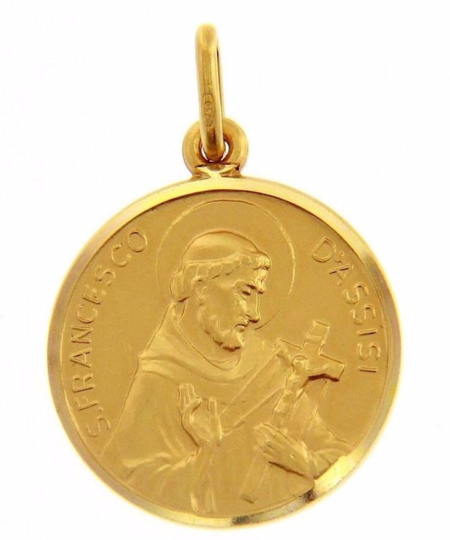 Vaticanum Gioielli in Oro San Francesco D'Assisi Medaglia Sacra Pendente Tonda Conio Gr 4,7 Oro Giallo 18Kt Con Bordo Liscio Uni Donna Uomo Confirmation