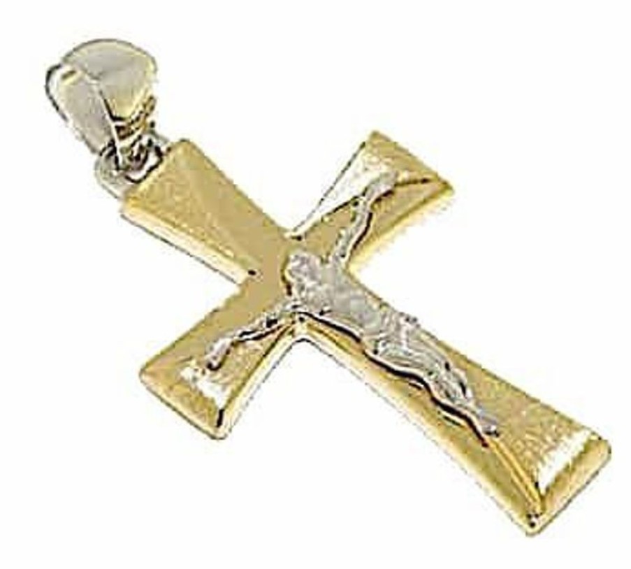 Vaticanum Gioielli in Oro Croce Grande Con Corpo Di Cristo Ciondolo Pendente Gr 3,2 Bicolore Oro Giallo Bianco 18Kt A Canna Vuota Uni Donna Uomo Confirmation