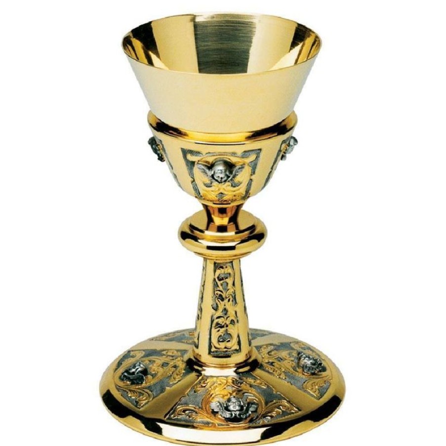 SEA Oggetti Liturgici in Oro e Argento Calice Liturgico H. Cm 18 (7,1 Inch) Cherubini In Ottone Bicolore Da Altare Messa Sacred Altar Vessels