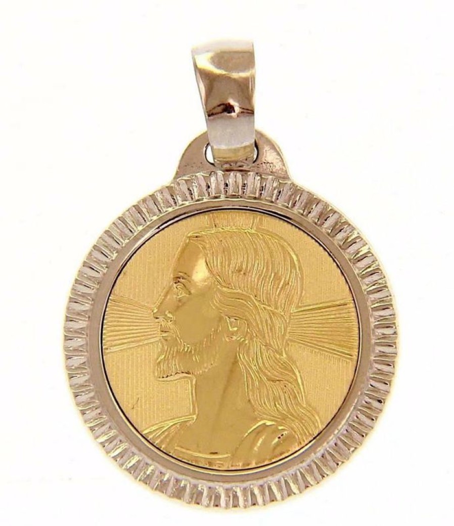 Vaticanum Gioielli in Oro Sacro Volto Di Gesu Cristo Con Aureola Bordo Lavorato Medaglia Sacra Pendente Tonda Gr 2,5 Bicolore Oro Giallo Bianco 18Kt Uni Donna Uomo Confirmation