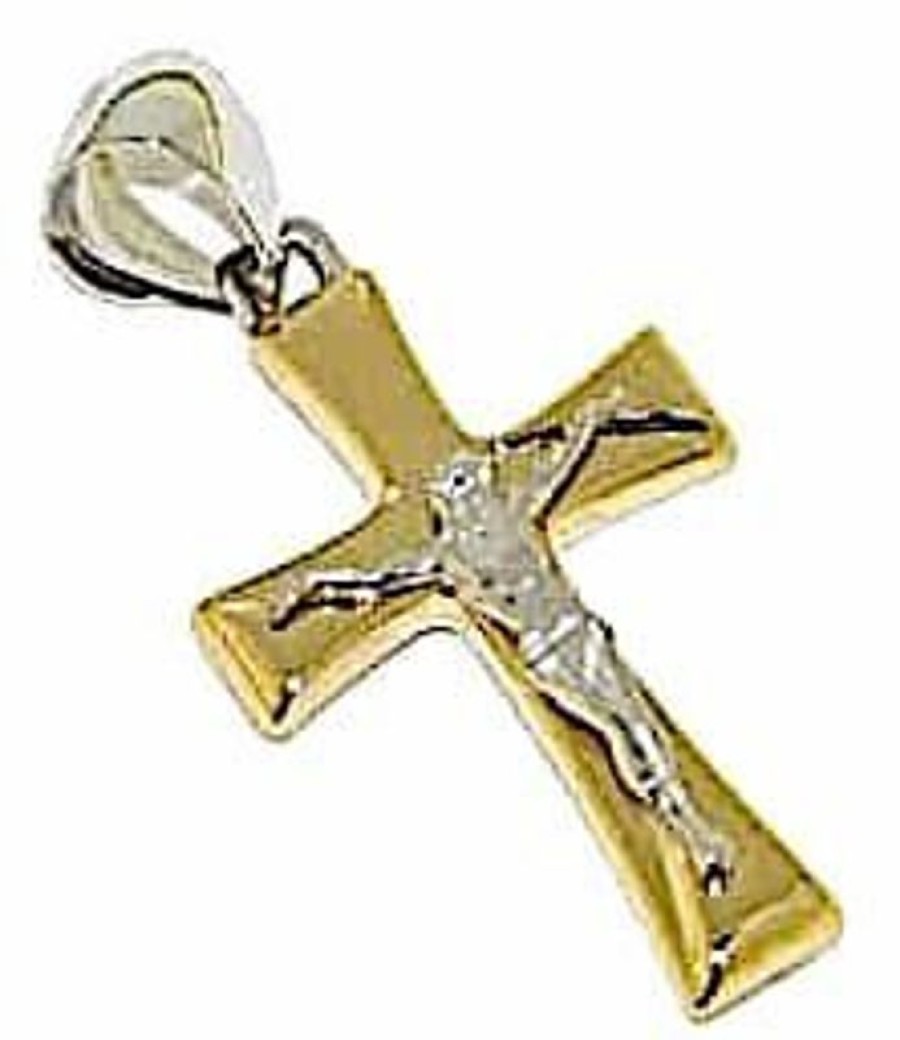 Vaticanum Gioielli in Oro Croce Classica Con Corpo Di Cristo Ciondolo Pendente Gr 1,5 Bicolore Oro Giallo Bianco 18Kt A Canna Vuota Uni Donna Uomo First Communion